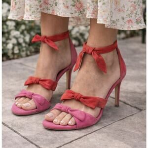 Alexandre Birman Clarita Suede Bow Ankle Tie Heels Coquette Pink Red 37.5 EU